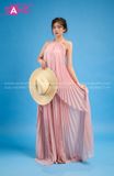 VBM0501 Váy Maxi Yếm 2 Tầng Xếp Ly Hồng
