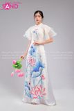 TAC0015 Áo Dài Trắng Sen Xanh Dương Tay Cánh Tiên