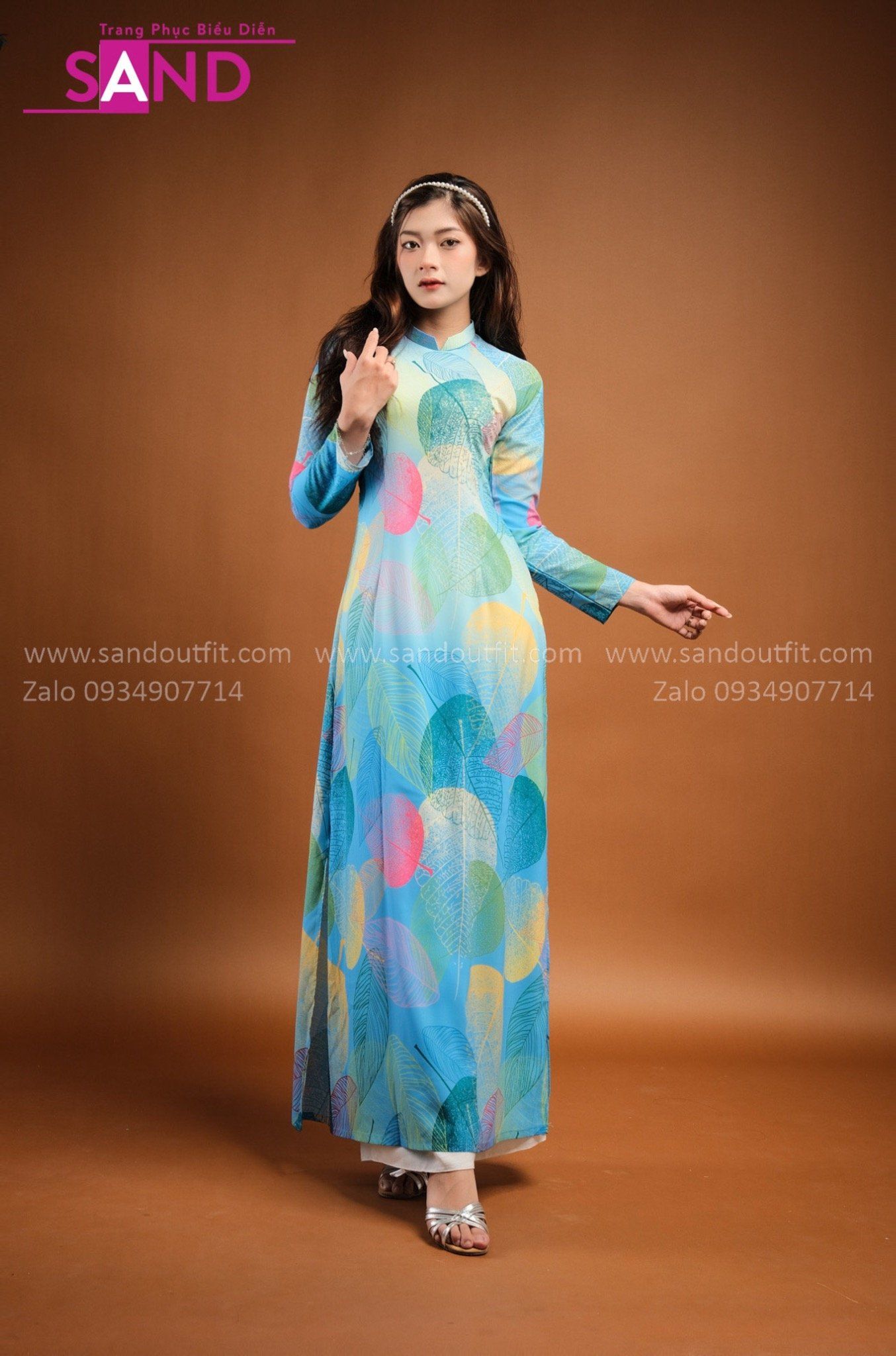 TAA0813 Áo Dài Xanh Họa Tiết Lá