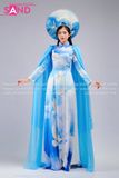 TAE0812 Áo Dài Trình Diễn Vai Lơi Hoạ Tiết Chim Bồ Câu Hoà Bình - Màu Xanh (kèm mấn áo dài)