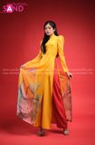 TAC0313 Áo Dài Tơ 4 Tà - Vàng Đậm In Hoa Sen Cách Tân Tay Bồng