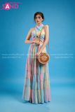 VBM1203 Váy Maxi Loang Màu Voan Cổ Chéo Xanh Hồng Nhạt