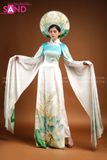 TAE0805 Áo Dài Thiết Kế Tay Lơi Hoạ Tiết Sen Xanh - Màu Trắng Loang Xanh ( KÈM MẤN )