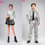 Outfit Phối Sẵn - (Váy Xếp Li Da Đen 2 Tầng phối Áo Khoác Crop Bạc Form Cứng)