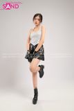Outfit Phối Sẵn - (Váy Da Đen phối Áo Crop Kim Sa )