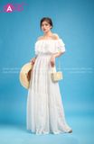 VBM0005 Váy Maxi Trắng Voan Trễ Vai Caro