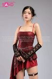Outfit Phối Sẵn - (Áo 2 Dây Kim Sa Đỏ Tà Xéo 2 Tầng)