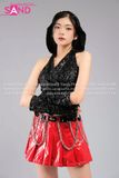 Outfit Phối Sẵn - (Váy Xếp Li Da Bóng Đỏ phối Áo Kim Sa Đen Mũ Trùm Kèm Bao Tay Kim Sa)
