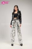 Outfit Phối Sẵn - (Quần Bạc Bóng phối Áo Khoác Da Bóng Đen Crop)
