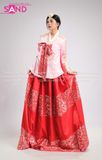 TNH0504 Hanbok Áo Hồng Váy Đỏ Gấm In Nhũ