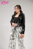 Outfit Phối Sẵn - (Quần Bạc Bóng phối Áo Khoác Da Bóng Đen Crop)