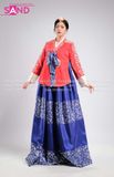 TNH0408 Hanbok Áo Đỏ Váy Xanh Gấm In Nhũ