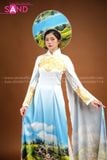 TAE0803 Áo Dài Thiết Kế Tay Lơi Hoạ Tiết Ruộng Bậc Thang - Màu Trắng Loang Xanh ( KÈM MẤN )