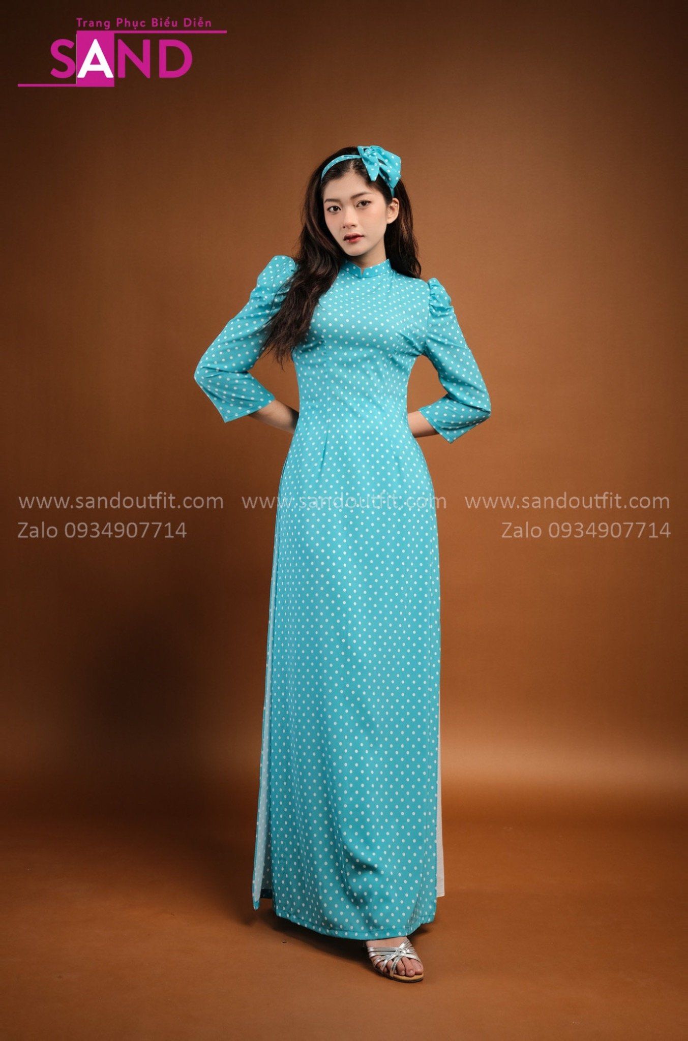 TAA0811 Áo Dài Xanh Biển Chấm Bi ( Cô Ba Sài Gòn )