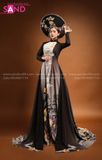 TAE0101 Áo Dài Thiết Kế Tà Dài Sen Đen Hoạ Tiết ( KÈM MẤN )