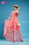VBM0412 Váy Maxi Trễ Vai Voan Hoạ Tiết In Hoa - Đỏ