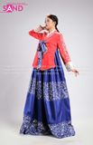 TNH0408 Hanbok Áo Đỏ Váy Xanh Gấm In Nhũ