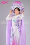 TAE0701 Áo Dài Thiết Kế Tay Voan Tà Dài Hoạ Tiết Hoa Lan - Màu Tím Trắng ( KÈM MẤN )