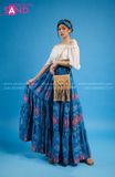 VBM0801 Váy Maxi Trễ Vai Trắng Xanh Dáng Xoè