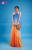 VBM1207 Váy Maxi Loang Màu Cổ Yếm Xếp Ly Dáng Xoè Xanh Cam