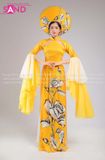 TAE0304 Áo Dài Thiết Kế Tay Lơi Voan Hoạ Tiết Hoa Hồng - Màu Vàng Cam ( KÈM MẤN )