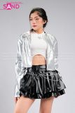 Outfit Phối Sẵn - (Váy Xếp Li Da Đen 2 Tầng phối Áo Khoác Crop Bạc Form Cứng)