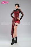 Outfit Phối Sẵn - (Áo 2 Dây Kim Sa Đỏ Tà Xéo 2 Tầng phối Bodysuit Lưới)