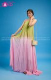 VBM1210 Váy Maxi Loang Màu Cổ Yếm Xếp Ly Dáng Xoè Xanh Hồng