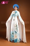 TAE0804 Áo Dài Thiết Kế Tay Lơi Hoạ Tiết Sen Trắng - Màu Trắng Loang Xanh Dương ( KÈM MẤN )