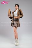 Outfit Phối Sẵn - ( HBH1001 Váy Xấp Li Da Nâu phối HAK1001 Áo Khoác Croptop Da Lì Nâu Cổ Sơ Mi)