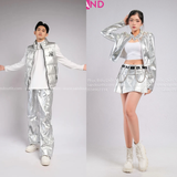 Outfit Phối Sẵn - (Váy Bạc phối Áo Khoác Crop Bạc Bóng)