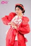 TYD0414 Set Yếm Thiết Kế Gấm Đỏ Thêu Hoa Cổ Yếm Dáng Xoè Phối Khoác Voan Đỏ