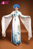 TAE0804 Áo Dài Thiết Kế Tay Lơi Hoạ Tiết Sen Trắng - Màu Trắng Loang Xanh Dương ( KÈM MẤN )