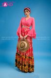 VBM0405 Váy Maxi Đỏ Chéo Ngực Tay Dài Phối Chân Váy Đỏ Vàng