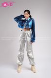 Outfit Phối Sẵn - (HQJ0203 Quần Bạc Nắp Ngang Không Túi Hộp phối Áo Croptop Cổ Sơmi Xanh Dương)