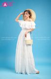 VBM0005 Váy Maxi Trắng Voan Trễ Vai Caro