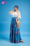 VBM0801 Váy Maxi Trễ Vai Trắng Xanh Dáng Xoè