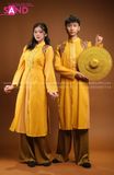 TAC0317 Áo Dài Thư Pháp Nâu Cam Họa Tiết Trống Đồng Nữ