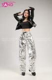 Outfit Phối Sẵn - (Quần Bạc Bóng phối Áo Khoác Da Bóng Đen Crop)