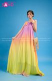 VBM1209 Váy Maxi Loang Màu Cổ Yếm Xếp Ly Dáng Xoè Hồng Vàng