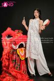 TYD0009 Set Yếm Voan Trắng Hoạ Tiết Hoa Nhí Đen Hở Vai
