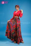 VBM0404 Váy Maxi Đỏ Tay Dày Bồng Váy Đỏ Hoạ Tiết Xẻ Tà