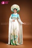 TAE0805 Áo Dài Thiết Kế Tay Lơi Hoạ Tiết Sen Xanh - Màu Trắng Loang Xanh ( KÈM MẤN )