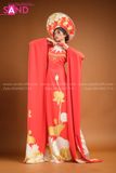 TAE0407 Áo Dài Thiết Kế Tay Dài Đỏ Hoạ Tiết Hoa Sen Vàng ( KÈM MẤN )
