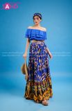 VBM0802 Váy Maxi Trễ Vai Cúp Ngực Phối Chân Váy Xanh Vàng