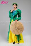 TYD0908 Set Tứ Thân Yếm Voan Xanh Phối TTK0902 Khoác Tơ Sống Xanh Lá Quần Váy Vàng (kèm vấn)