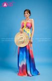 VBM1202 Váy Maxi Loang Màu Xanh Hồng Cúp Ngực Khoét Eo