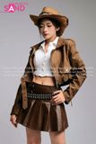 Outfit Phối Sẵn - ( HBH1001 Váy Xấp Li Da Nâu phối HAK1001 Áo Khoác Croptop Da Lì Nâu Cổ Sơ Mi)