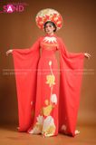 TAE0407 Áo Dài Thiết Kế Tay Dài Đỏ Hoạ Tiết Hoa Sen Vàng ( KÈM MẤN )