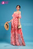 VBM0412 Váy Maxi Trễ Vai Voan Hoạ Tiết In Hoa - Đỏ